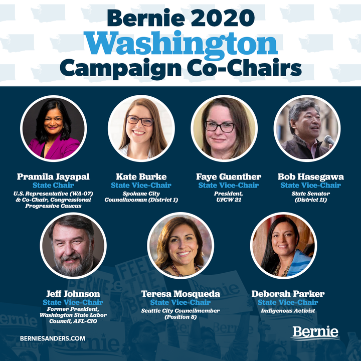 Bernie2020WA's tweet photo. We are very proud to announce the Washington State Bernie Sanders Campaign Co-Chairs: State Chair Pramila Jayapal and State Vice-Chairs Kate Burke, Faye Guenther, Bob Hasegawa, Jeff Johnson, Teresa Mosqueda, and Deborah Parker. What an incredible group! 🔥✊

#WAforBernie #waelex https://t.co/igxd3y8FTY