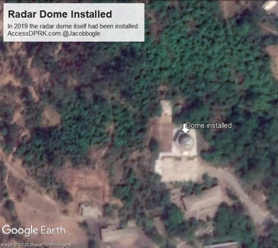 JacobBogle's tweet photo. New radar dome at KPA Reconnaissance Bureau #586 (across from the General Recon. Bureau) in Pyongyang. Completed between 2018-2019. Coords: 39° 6'19.64"N 125°43'48.56"E #AccessDPRK #OSINT #GOINT #NorthKorea https://t.co/hwmwM9qZL6