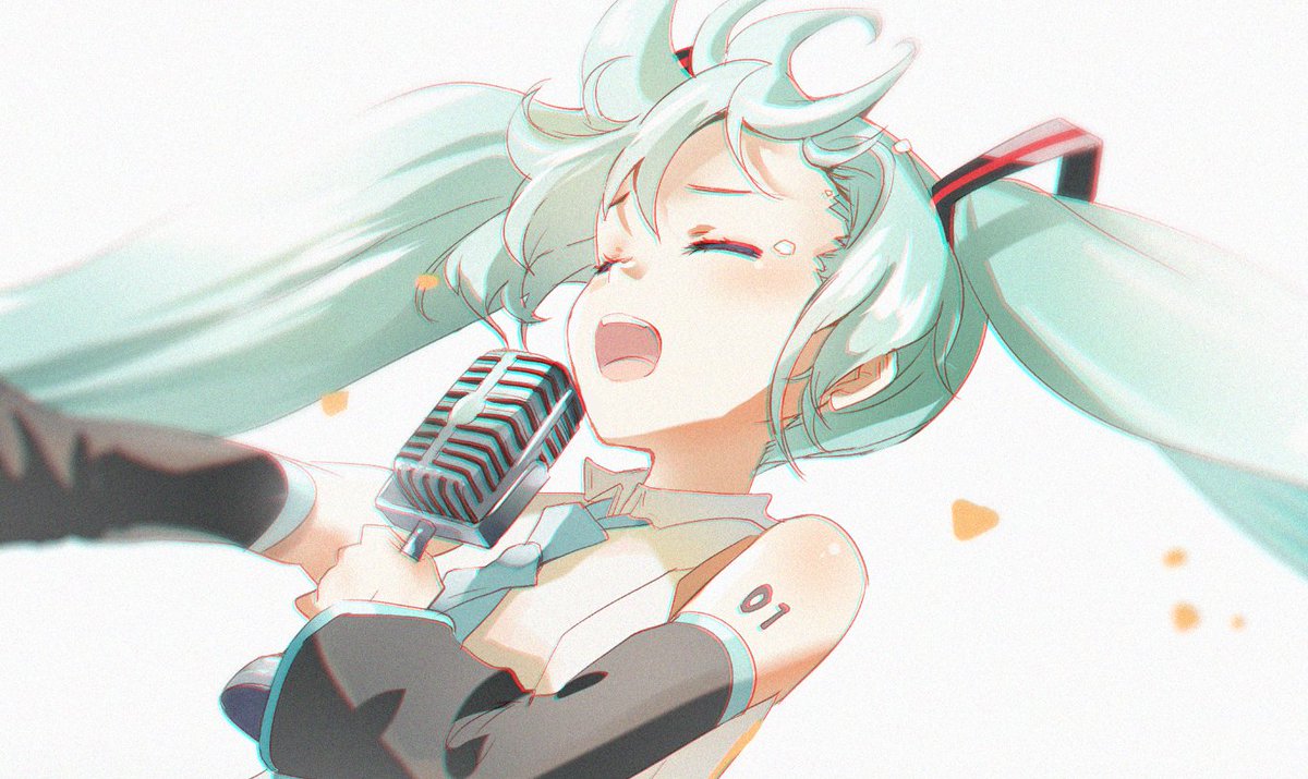 hatsune miku 1girl solo twintails microphone detached sleeves long hair open mouth  illustration images