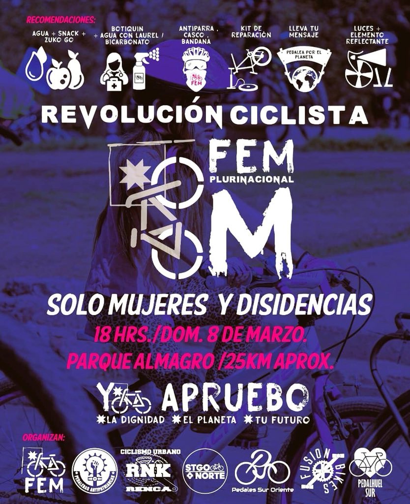 Hoy domingo 8 de Marzo en Santiago pedalean solo mujeres, la convocatoria es a partir de las 18 hrs. en Parque Almagro. #MujeresHaciendoHistoria