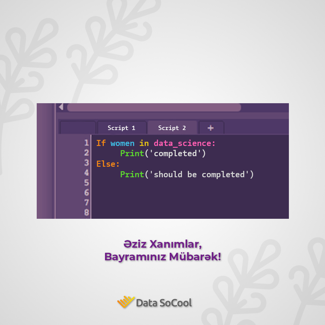 Əziz xanımlar!
Hər birinizi 8 Mart Beynəlxalq Qadınlar Günü münasibətilə təbrik edir, sağlamlıq, xoşbəxtlik və işlərinizdə uğurlar arzulayırıq! ☺️

#8Mart #DataSoCool #PeşəkarDataTəhsili