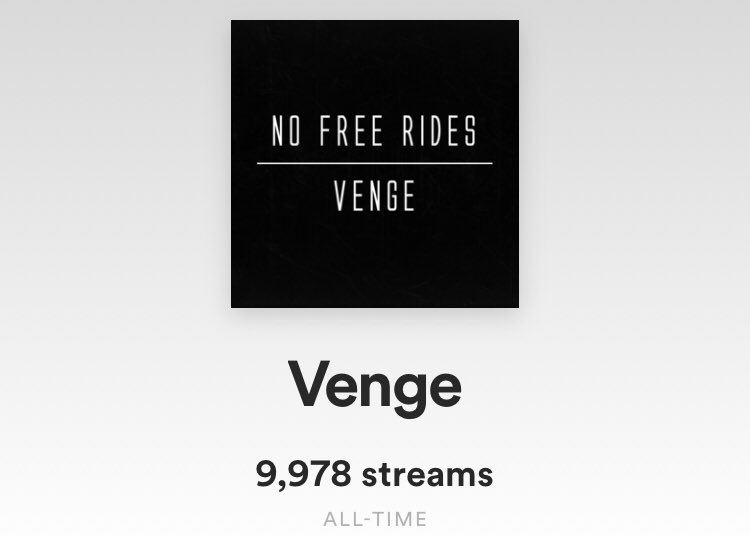 No Free Rides (@nofreerides) on Twitter photo We are only 22 streams away from 10,000 on our single "Venge"! Head over to Spotify, give us a listen and celebrate with us!
p.s ... something quite special is coming quite soon for all of our supporters!! We are only 22 streams away from 10,000 on our single "Venge"! Head over to Spotify, give us a listen and celebrate with us!
p.s ... something quite special is coming quite soon for all of our supporters!!
