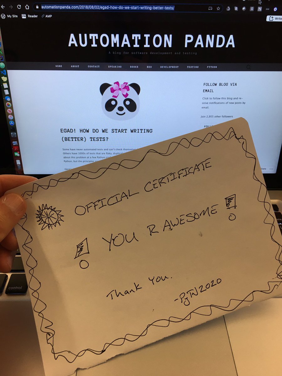 AutomationPanda's tweet photo. I gave an impromptu talk at #PyTN2020 about Python testing! Past recordings are here: https://t.co/RU3pYCyU6p https://t.co/CaELivkuCW