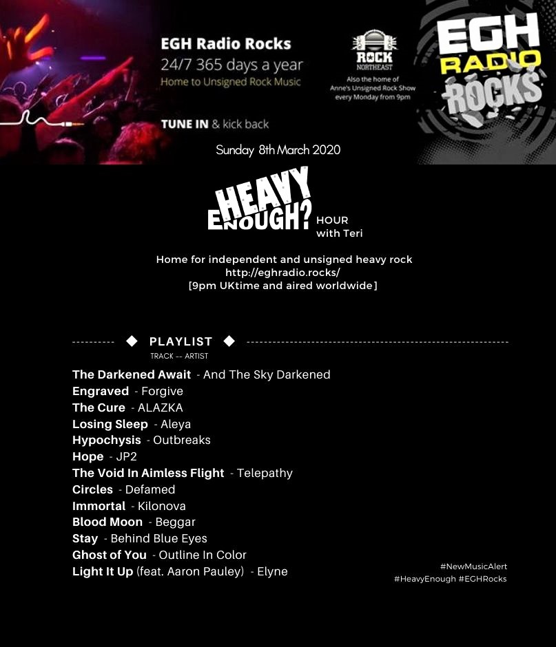MusicMattersTee's tweet photo. <TODAY>
#TuneIn to #HeavyEnough?Hour @EGHRocks #radio 9pmUK 4pmEST everywhere
⇒https://t.co/aQGYmXtSH9
awesome new music from-
@wearedefamed
@Kilonova1
@beggarband
@official_bbe
@OutlineInColor
@elyneofficial
#NewMusicAlert #ListenHere #EGHRocks
Info: https://t.co/44EeW6vIFp https://t.co/qiL5yjQzHZ