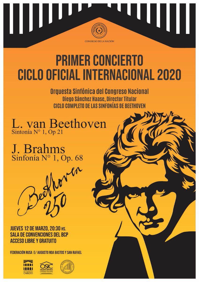 dshaase's tweet photo. "Nunca rompas el silencio, si no es para mejorarlo" (Beethoven). 
1° concierto 2020 de la OSIC. "Beethoven 250"
- Sinfonía n. 1, Op. 21, de Beethoven,
- Sinfonía n. 1, Op. 68, de Brahms.
Jueves 12 de marzo, 20:30 hs.. Sala de Convenciones del BCP. Acceso libre y gratuíto!! https://t.co/phZMmerPjy