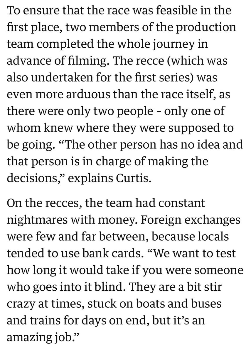 One thing I can’t get over with #RaceAcrossTheWorld is that two of the production team practice the route, in full, before the real one.

And they treat it like the real thing.