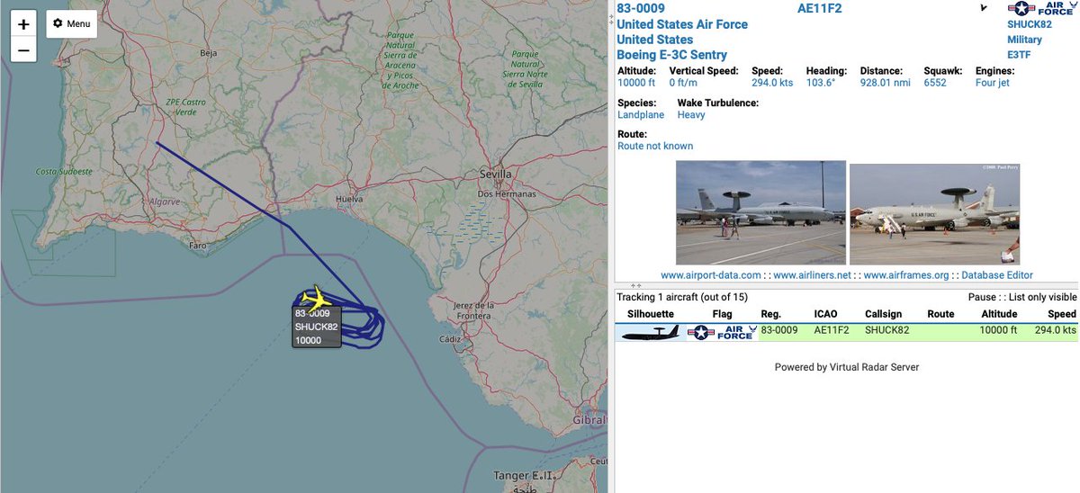 civ_pt's tweet image. United States Air Force 🇺🇸

83-0009, #SHUCK82 Boeing E-3C Sentry, FL100

Circling near Rota Airbase #LERT #ROZ

#potn #planespotting #virtualradar #ADSB #avgeeks #avgeek #USAF