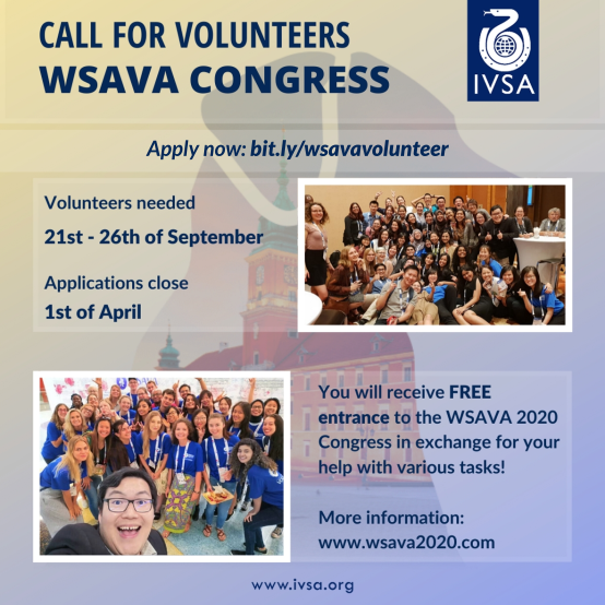IVSA_GLOBAL's tweet photo. [Call for Volunteers - WSAVA Congress 2020]

Apply now to become a volunteer at one of the biggest veterinary congresses in the world, the WSAVA Congress in Warsaw, Poland! 

#ivsavolunteers #wsavacongress2020 #wsava #vetstudents https://t.co/Q8fHjIXcbd