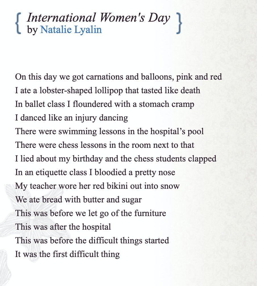 CSUPoetryCenter's tweet photo. "International Women's Day"
🦞🌹🩺Natalie Lyalin https://t.co/qykfeRndXC