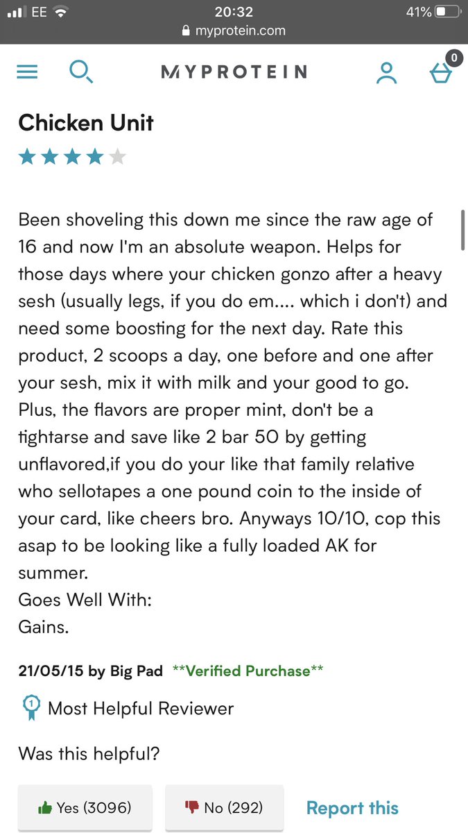 LewisFordham's tweet photo. Possibly one of the best reviews I’ve come across 😂 @MyproteinUK https://t.co/7DYFz91qBf