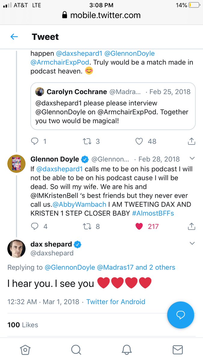 Madras17's tweet photo. @GlennonDoyle @KristenBell I want to go on record...more than 2 years ago I tweeted this &amp; there was overwhelming support for a @daxshepard /Glennon @ArmchairExpPod interview. Thinking there’s no better time than tomorrow for an episode to drop...hoping maybe @KristenBell is in the attic, too.🤞 #untamed https://t.co/JQmKShYP0B