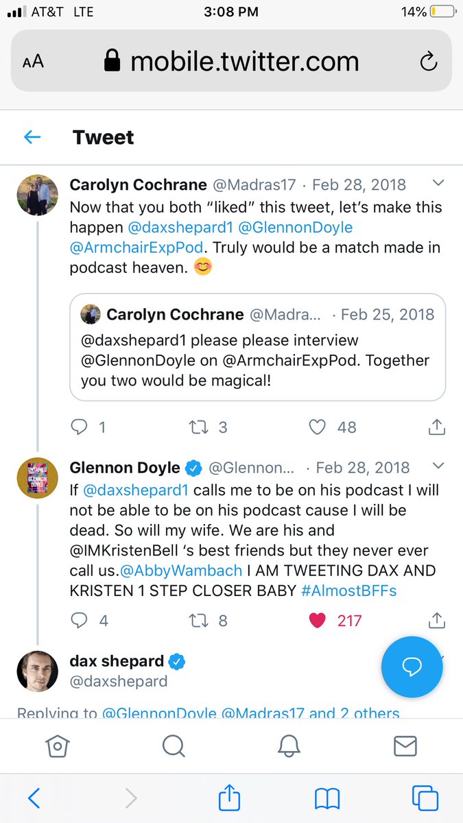 Madras17's tweet photo. @GlennonDoyle @KristenBell I want to go on record...more than 2 years ago I tweeted this &amp; there was overwhelming support for a @daxshepard /Glennon @ArmchairExpPod interview. Thinking there’s no better time than tomorrow for an episode to drop...hoping maybe @KristenBell is in the attic, too.🤞 #untamed https://t.co/JQmKShYP0B