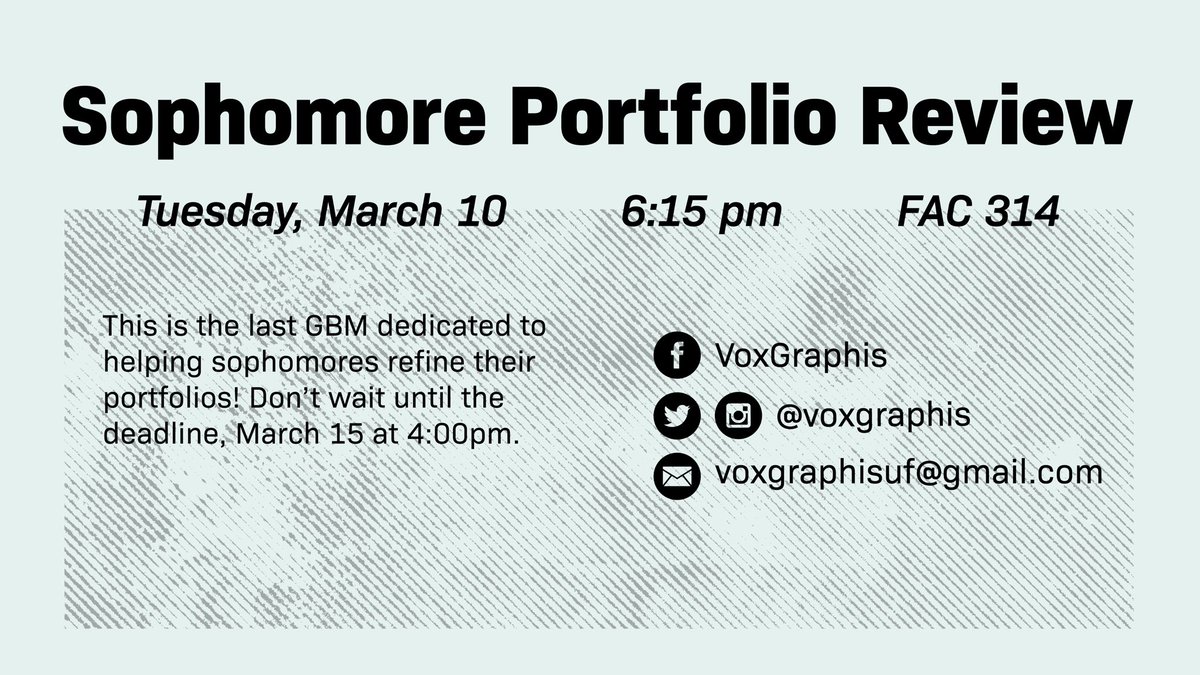 voxGraphis's tweet image. Hope your spring break was restful! Join us Tuesday at 6:15pm in room FAC 314 for any last minute portfolio review.