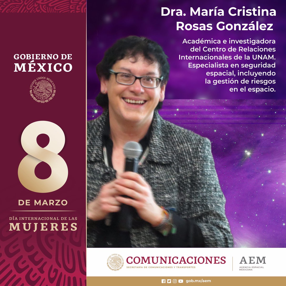 AEM_mx's tweet photo. #DíaInternacionalDeLasMujeres

Conoce a María Cristina Rosas Gónzalez, quien ha contribuido significativamente al estudio de la seguridad espacial en #México 👉 https://t.co/r3bXxcaE6h

#8M https://t.co/q2vAoFk6Gn