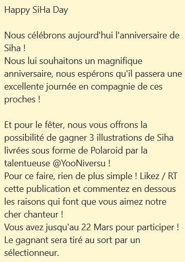SihaFrance's tweet photo. • Happy SiHa Day •

Et voici la révélation de notre projet ! Un beau giveaway pour vous faire gagner 3 illustrations de @YooNiversu ! 
Les conditions sont données sur la photo, veuillez vous y référer ^^

Bonne chance à tous !

#HAPPY_SIHA_DAY
#양시하_23번째_생일을_축하해

Y&amp;Y https://t.co/Azz1TwvnAc