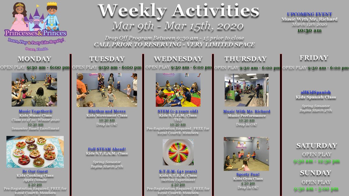 The final Music Together® of the semester takes place tomorrow at 10:30 am.

Mr. Richard pays us a visit on Thursday at 10:30 am. And this upcoming weekend, we have open play on Saturday from 9:30 a to 12:30 p and Sunday from 9:30 a to 3:00 p.