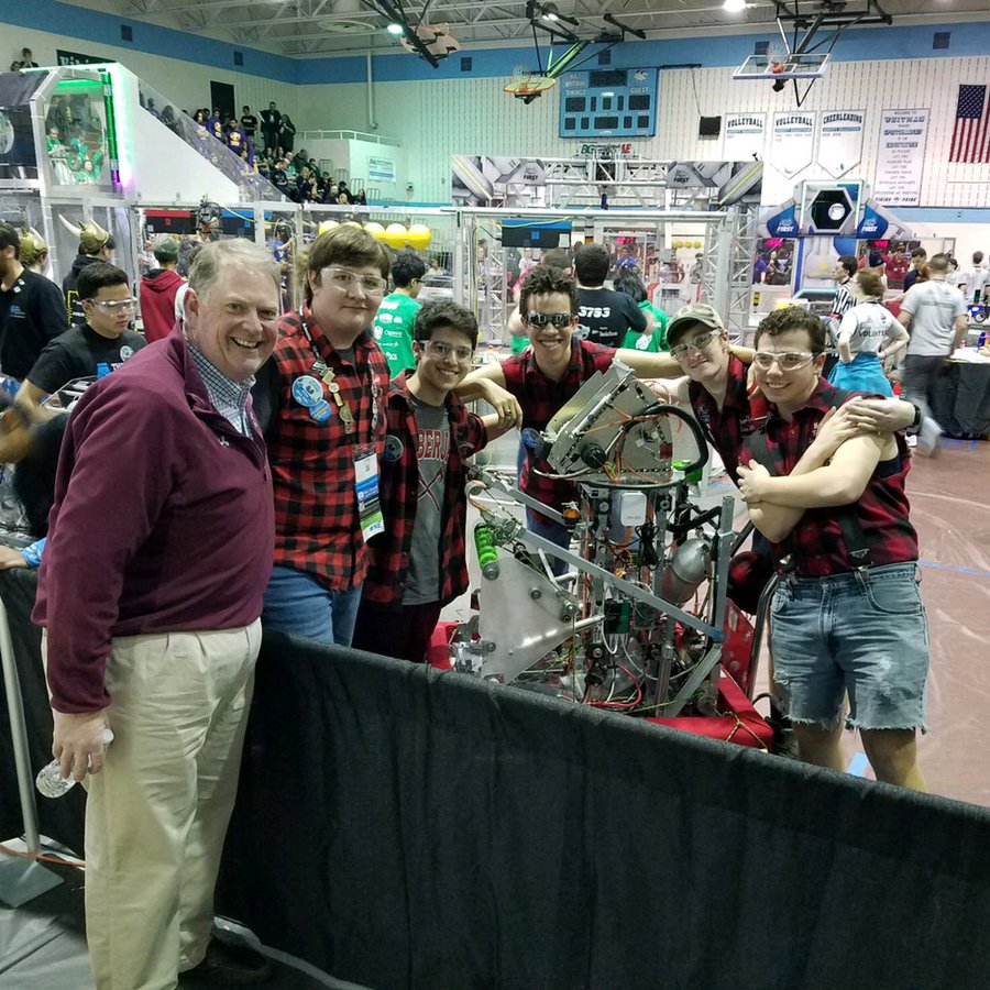 BoysLatinSchool's tweet photo. Headmaster Post joined the Lumberjacks at their first robotics tournament of the year. Despite getting knocked out in the quarterfinals, because an alliance member was disqualified, they played well and are excited to compete at McDonogh next weekend! #BLRobotics #BoysLatin #eqv https://t.co/G7jSYqEHDv