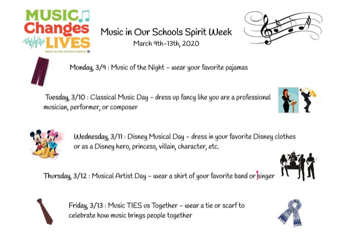 mrs_lucki's tweet photo. March is “Music in Our Schools” Month! We will be celebrating with a spirit week this week! Please check the flyer for each day’s theme 🎶#stony126 #weare126 https://t.co/GjYXBcMTUm