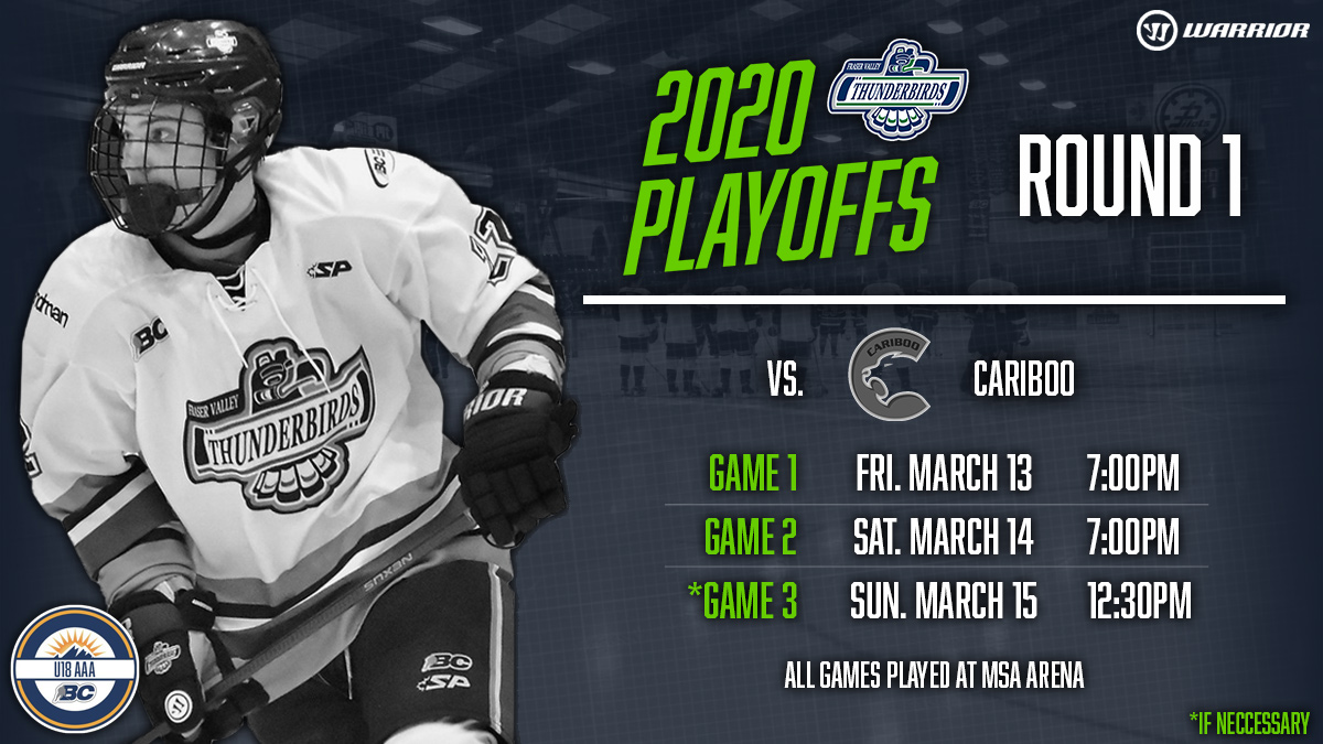 It's about that time!✌️

A re-match of the 2018 and 2019 Finals, we host the @cariboocougars in the first round of the playoffs starting on Friday!

WATCH LIVE: playfullscreen.com

#TBirdNation @BCHockey_U18