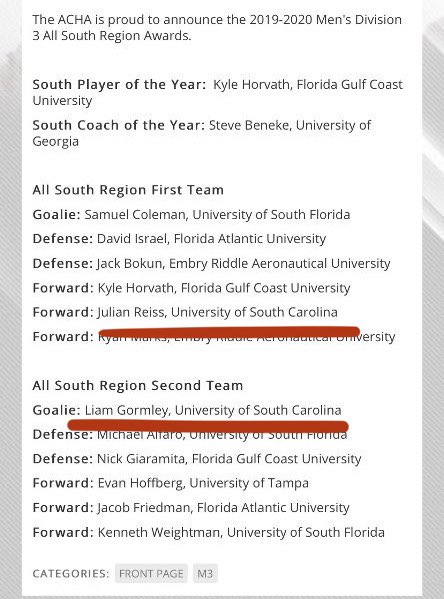 CockHockey's tweet image. And a huge congrats to F Julian Reiss and G Liam Gormley for making the All South Region First and Second Teams
