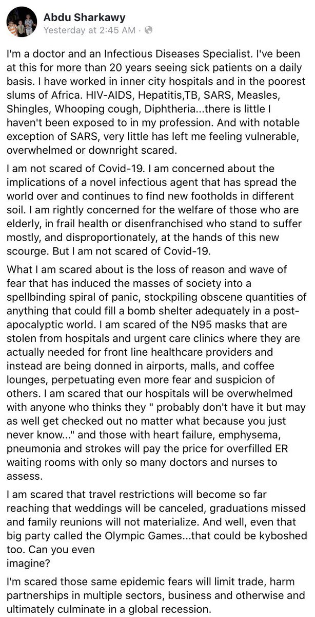 joannamilosz's tweet photo. Dr Abdu Sharkawy, infectious disease specialist warning that mass panic will do more harm then the #COVIDー19 itself. “Facts not fear. Clean hands. Open hearts. Our children will thank us for it”. #CoronaVirusUpdate #coronavirusaus #koronawirus #COVID19 #stoppanicbuying https://t.co/lzwsyQzYhX
