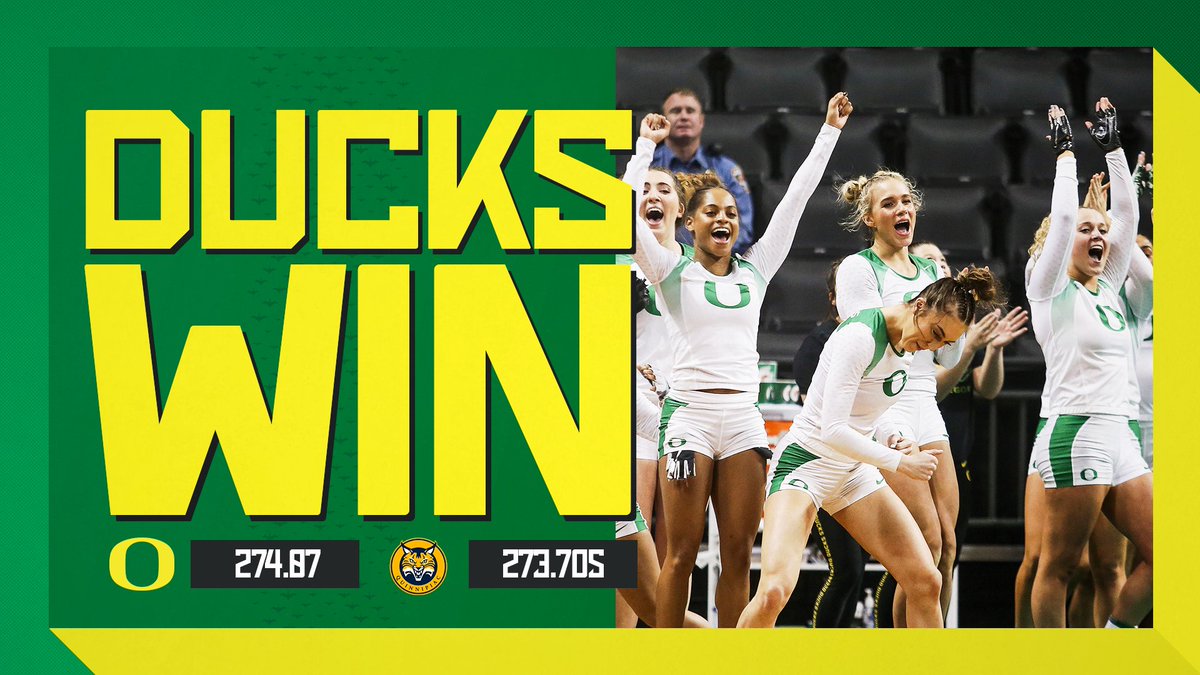 OregonAcroTumb's tweet photo. DUCKS WIN! 

Ducks defeat No. 3 Quinnipiac at home! 🏆

#GoDucks https://t.co/EiOMV9lLxX