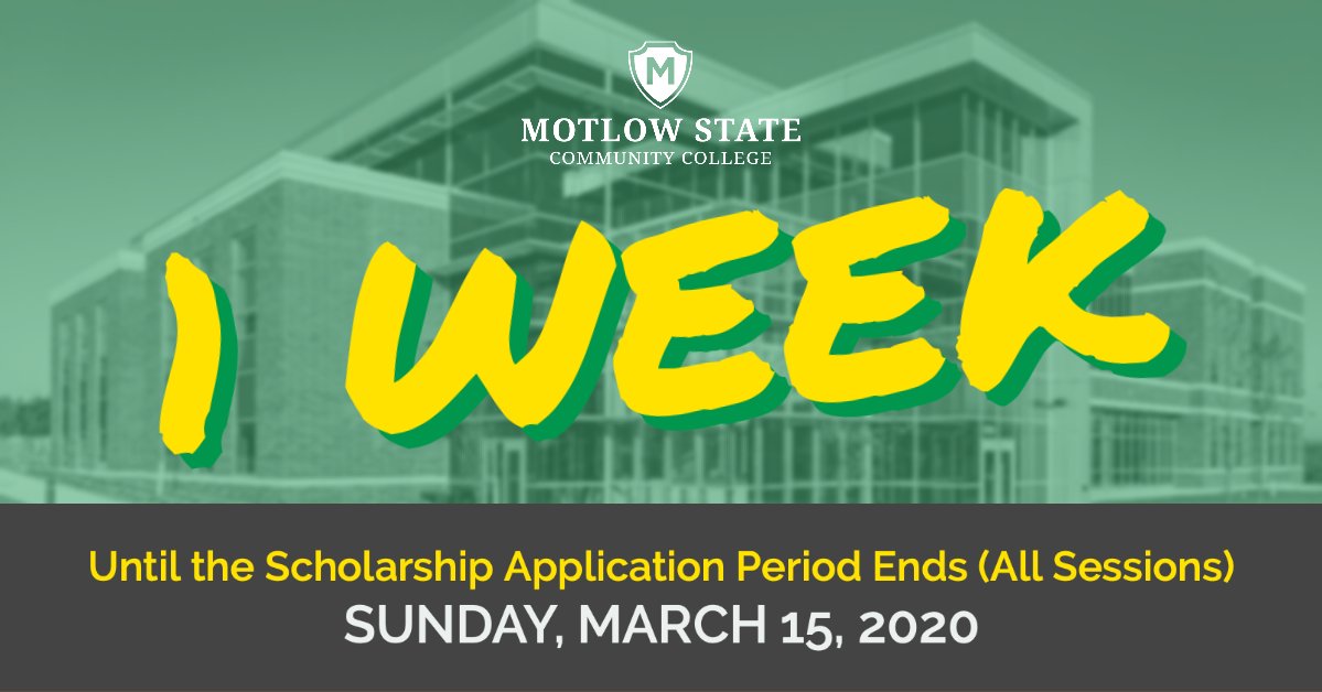 MotlowState's tweet photo. The scholarship application period ends for all sessions in 1 week, March 15.
https://t.co/VEuzY9kFGe
#springsemester2020 https://t.co/U79aJ3WEtu