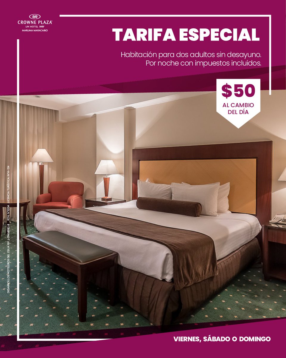MarumaHotel's tweet photo. ¡Tarifa especial para tu fin de semana! ❤
$50 POR NOCHE 📌
.
Habitación para 2 personas *sin desayuno* ¡Reserva ya! 02614116800 📞 Disponible para el viernes, sábado o domingo
.
#CrownePlazaMaruma #Maracaibo #PromosMcbo #Hoteles #Venezuela https://t.co/KwE3OU4jWz