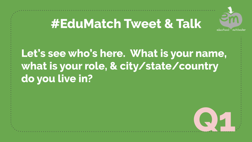 edu_match's tweet photo. Q1. Let’s see who’s here.  What is your name, what is your role, &amp; city/state/country do you live in? #EduMatch https://t.co/qG4RdFbbJv
