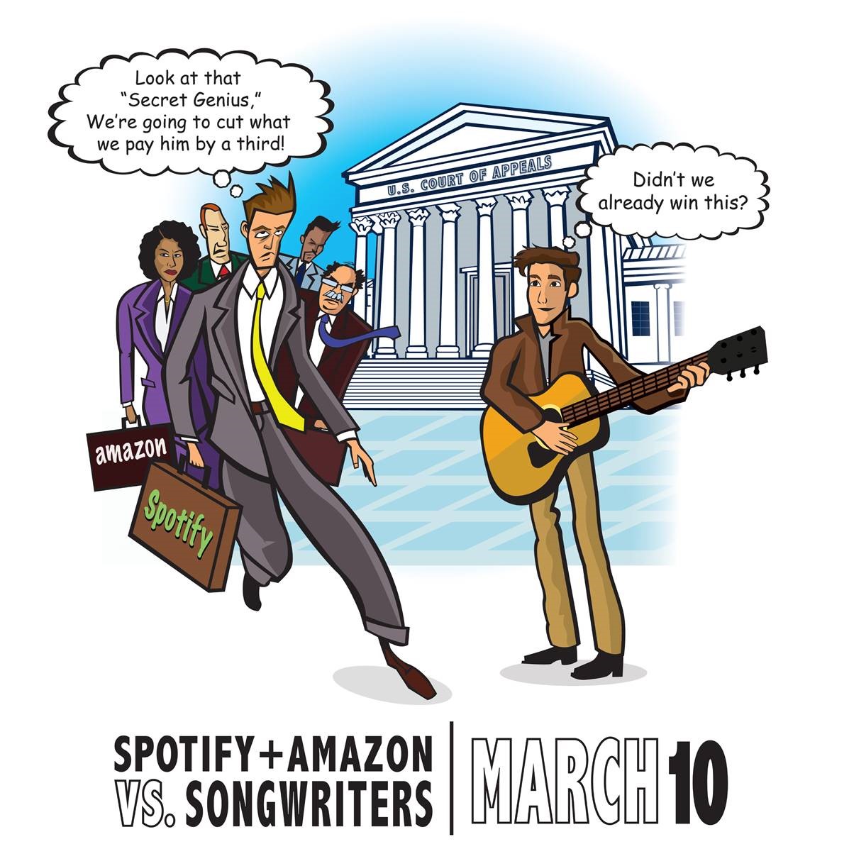 Calling all Songwriters!! ⚠️Did you know that #Spotify and #Amazon are taking you to court on March 10? They want to appeal your 44% raise in the CRB. Spread the word to increase awareness, and let these companies know to #StopFightingSongwriters! 🎵🎤
