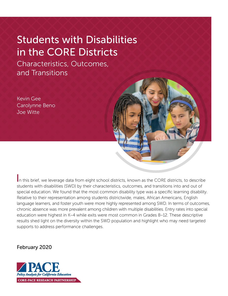 Who are CA’s students with disabilities? New report from <a href="/KevinGee888/">Kevin Gee</a> &amp; Carolynne Beno of <a href="/UCDEducation/">UC Davis School of Education</a> <a href="/YoloCOE/">Yolo County Office of Education</a> breaks down the demographics of this diverse subgroup and tracks student movement into and out of disability categories. <a href="/COREdistricts/">CORE Districts</a> edpolicyinca.org/publications/s…