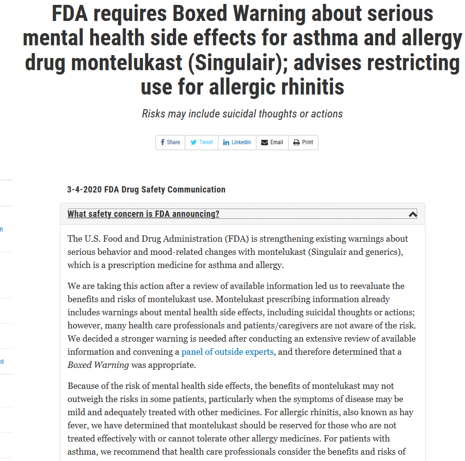 James Deardorff On Twitter Fda Requires Boxed Warning About Serious Mental Health Side Effects For Asthma And Allergy Drug Montelukast Singulair Https T Co Coi6ituqs5 Https T Co T1gcus5k8x Https T Co Nddbmbqklu