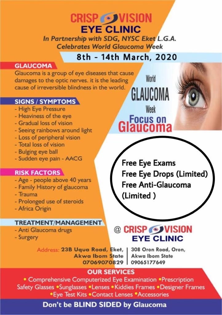 eunaudoha's tweet photo. This week for the 5th year in a row, @Crispvision1 will Focus on #Glaucoma by creating #awareness within Eket, providing free Glaucoma screening &amp; antiGlaucoma meds. Our resolution to fight against blindness and in particular Glaucoma is renewed. #WGW2000 #glaucomaweek #GetTested https://t.co/RsmnNwxmTh