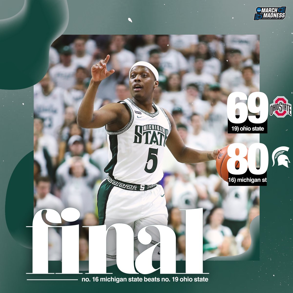 MarchMadnessMBB's tweet photo. Sparty on, Big Ten Champs 😏

No. 16 Michigan State clinches a share of the Big Ten regular-season title for the third-straight season! #GoGreen https://t.co/QVgoJdk1MM