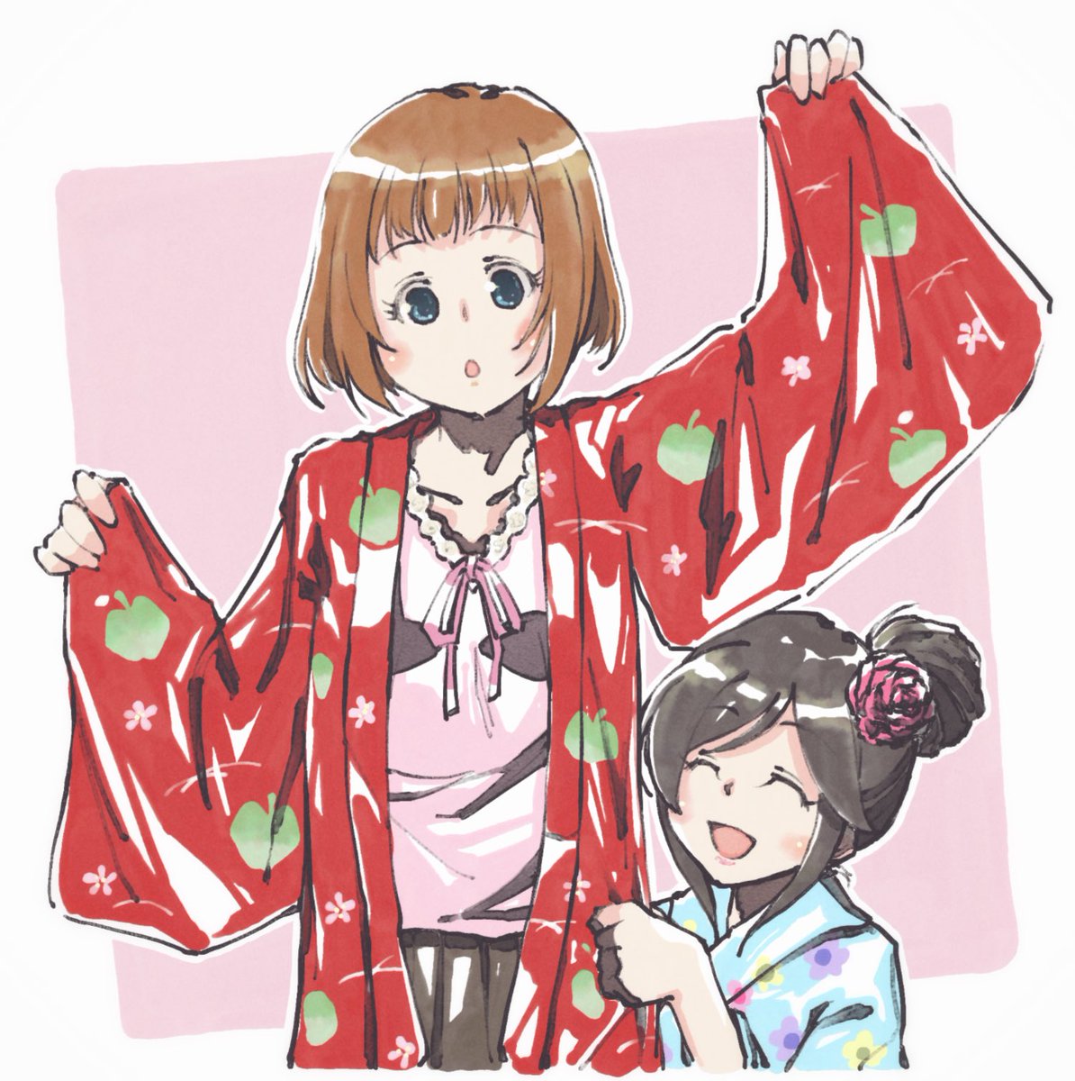 とらぼ 本日の朝の一枚 忍ちゃんを浴衣でお祝い大作戦 わっ かわいい りんご柄の浴衣なんてあるんだネ あかりちゃんも欲しがりそうですね あかりちゃんはりんごろう柄のが欲しいんだって えぇ 桃井あずき 工藤忍 工藤忍生誕