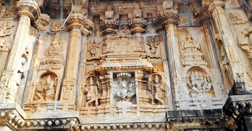A beautifully restored panel. On the left we have Shiva Parvati, on the right we have Brahma and Saraswati. And in the centre we have Narasimha and Lakshmi – at  Sringeri