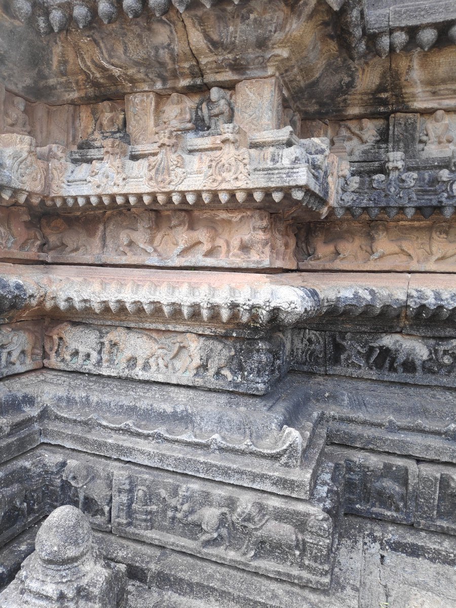 The four layered frieze structure clearly indicates a liberal inspiration from the Hoysala temple architecture. We have horses, elephants, lions and humans alternating with floral designs as we go bottom up.  #Sringeri