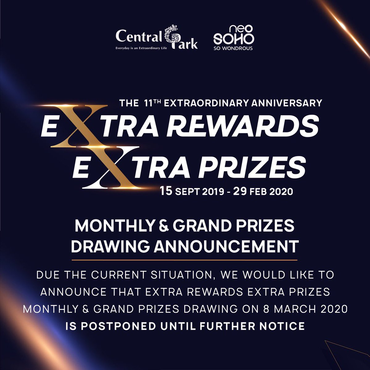 CentralParkMall's tweet photo. MONTHLY & GRAND PRIZES DRAWING ANNOUNCEMENT
-
DUE THE CURRENT SITUATION, WE WOULD LIKE TO ANNOUNCE THAT EXTRA REWARDS EXTRA PRIZES MONTHLY & GRAND PRIZES DRAWING ON 8 MARCH 2020 IS POSTPONED UNTIL FURTHER NOTICE
-
#centralparkmall #neosohomall #extrarewardsextraprizes https://t.co/SUz801AUaj
