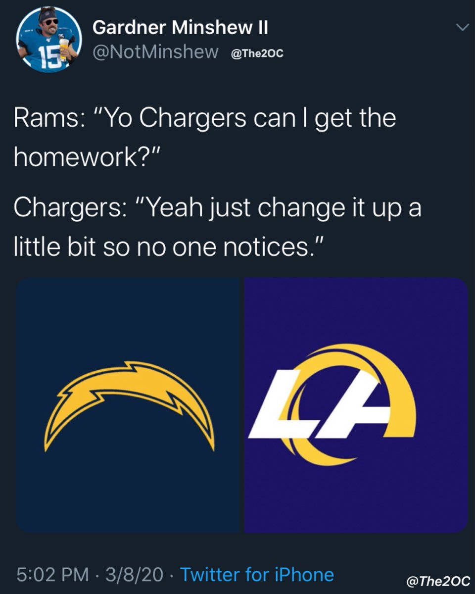 The2OC's tweet photo. Nailed it.
#larams #laramsfans #larams4life #laramsfan #laramsfootball #laramsnews #laramsnation #nflnews #nflsunday #nfl #losangeleschargers #chargersnation #lachargersfans #lachargers #lachargershighboltage #NFLmemes #NFLmeme https://t.co/eztfggIGvp