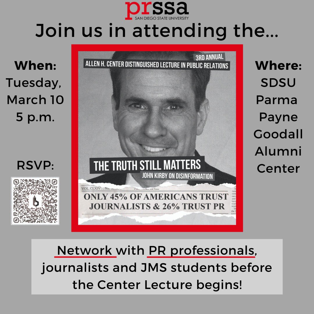PRSSASDSU's tweet photo. In lieu of a meeting, weβre having a meetup before the Center Lecture! Mingle w/ PR professionals, journalists & students before the event begins. The Center Lecture is hosted by the @BroomCenter & is featuring beamed in keynote speaker, @cnn βs John Kirby. #CombatDisinformation https://t.co/hSIBhlnutw