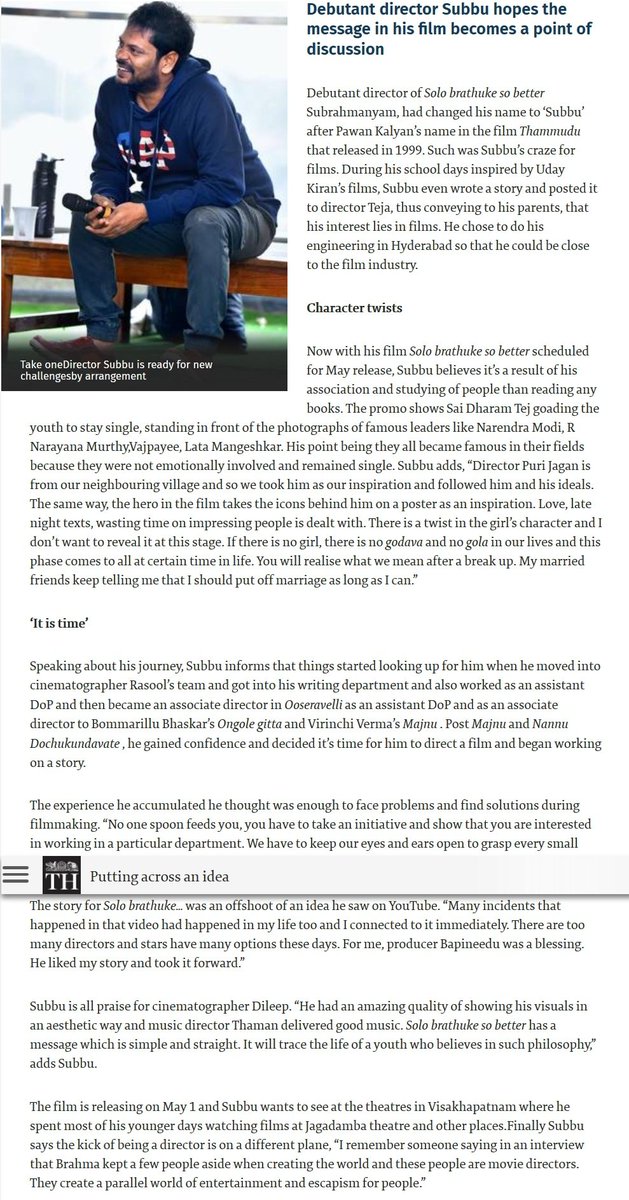 SaiDharamTej_FC's tweet image. #SoloBrathukeSoBetter 
Director #Subbu @subbucinema 
interview in @TheHinduCinema. @IamSaiDharamTej @NabhaNatesh @MusicThaman @SVCCofficial @bkrsatish @vamsikaka #SBSBFromMay1st
