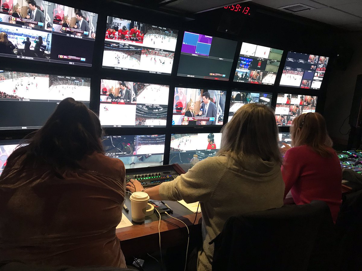 emilymkaplan's tweet photo. Scenes from the truck of the NBC Sports all-women broadcast of Blackhawks/Blues. 

In total, roughly 30 women (on air and behind the scenes) are working the game for NBC. These women work hockey games all season, but rarely get to all work together. https://t.co/sl0ce4SX9K