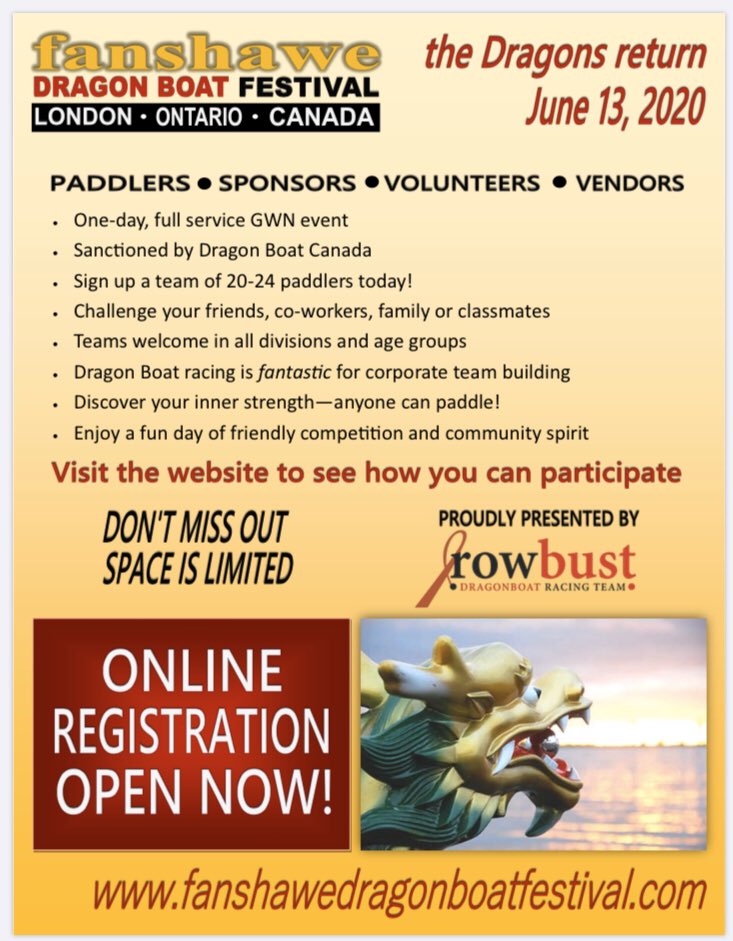 FanshaweDBF's tweet photo. 2020 Fanshawe Dragon Boat Festival! Register today! #fanshawedragonboatfestival #rowbustbcs https://t.co/FPnmCpe7HZ