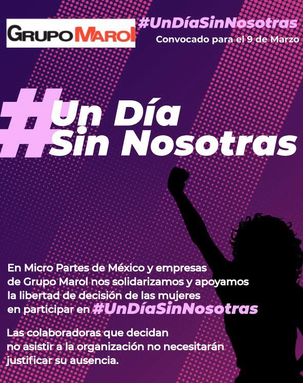 MicroPartes's tweet photo. #MicroPartes siendo una empresa de @GrupoMarol se une al movimiento #Undiasinnosotras fortaleciendo y realizando revisiones constantes de reglamento interno y politicas igualitarias en la organización.
#Industria #Mexico #Latinoamerica #NL #GrupoMarol #justicia #unidos #MTY https://t.co/fZdTjNRBeC
