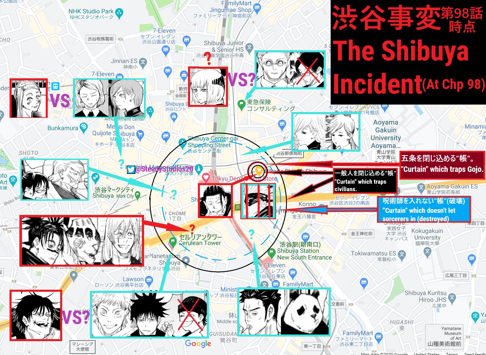 Steady Jujutsu Translator Official Note That Not Everything Is Happening At The Same Time Also The Locations Are A Rough Estimate In Many Of These Cases 英語版翻訳担当による第98話時点での渋谷事変地図 位置は大体 各シーンに時間差 Steady Jujutsu Translator Official Note That Not Everything Is Happening At The Same Time Also The Locations Are A Rough Estimate In Many Of These Cases 英語版翻訳担当による第98話時点での渋谷事変地図 位置は大体 各シーンに時間差