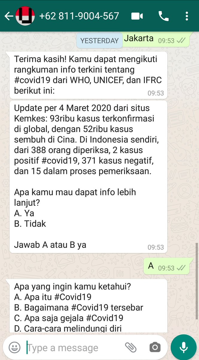 Asik nih, u/ bantu atasi infodemi / #infodemic (maraknya disinformasi, hoaks, dll) terkait corona / #COVID19 di Indonesia, <a href="/UNICEFIndonesia/">UNICEF Indonesia</a> menyediakan layanan bot chat nih. Udah pada coba? Jadi kita jg bisa dpt update info yg kredibel via wa. Nah sebarin deh tuh ke wa2 grup