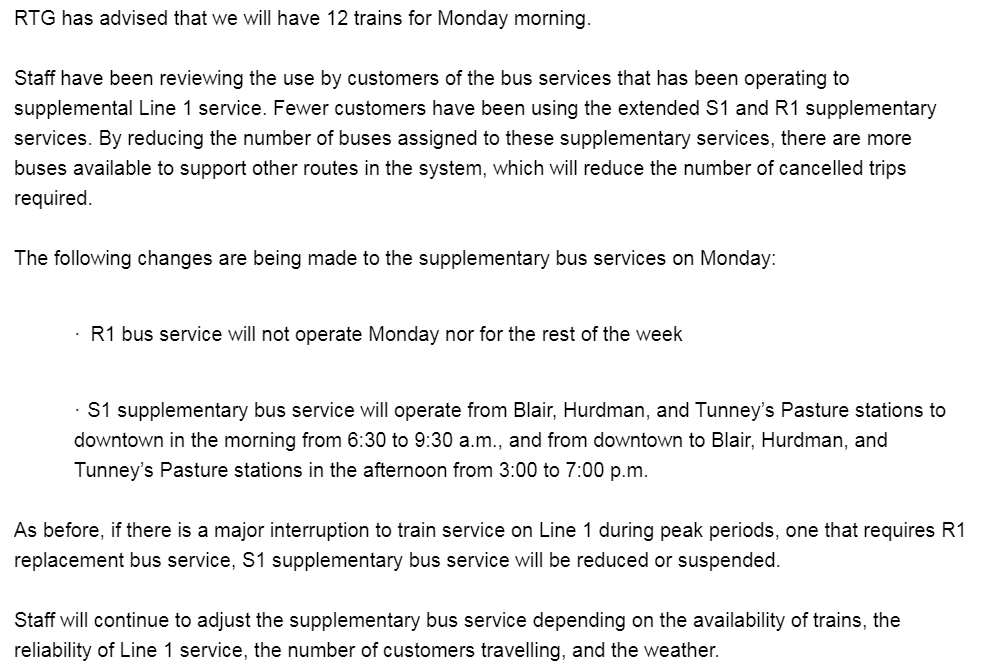 CBCOttawa's tweet photo. OC Transpo says 12 LRT trains will run tomorrow morning — but no R1 replacement buses this week. #ottnews #otttraffic https://t.co/I6QdLxbVNR