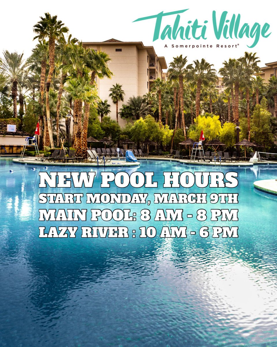 TahitiVillage's tweet photo. Taking advantage of the improved weather we are happy to expand the pool hours a whole week early. Be sure to get and take in this beautiful sunshine!
https://t.co/pFU1TNeEEx
#pooltime #sunshine #poolhours #newhours #pool #tahitivillage #lazyriver #poolpic #poolshot #poolpicture https://t.co/DwsFo6X2Lz