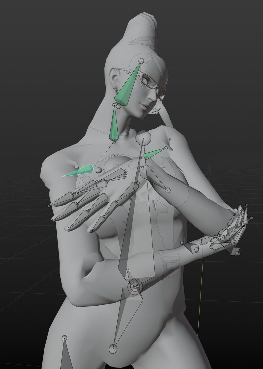 Bayonetta_Apple's tweet photo. finger bones are now in place, so the rig's practically all done. don't know what else to add aside from facial controls and tweak bones. though, facial bones are pretty unnecessary for this. https://t.co/CTvHM7DmxC