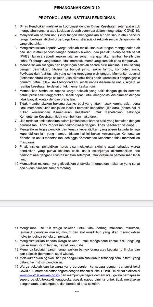 Untuk ortu atau guru, pun pengelola instansi pendidikan, aktivitas tetap jalan biasa namun selalu waspada corona / #covid19 yaa. Ini jg ada protokol u/ area institusi pendidikan. Mari kita saling ingatkan /u patuh pada protokol yg ada. Selengkapnya di: ksp.go.id/pemerintah-ter…